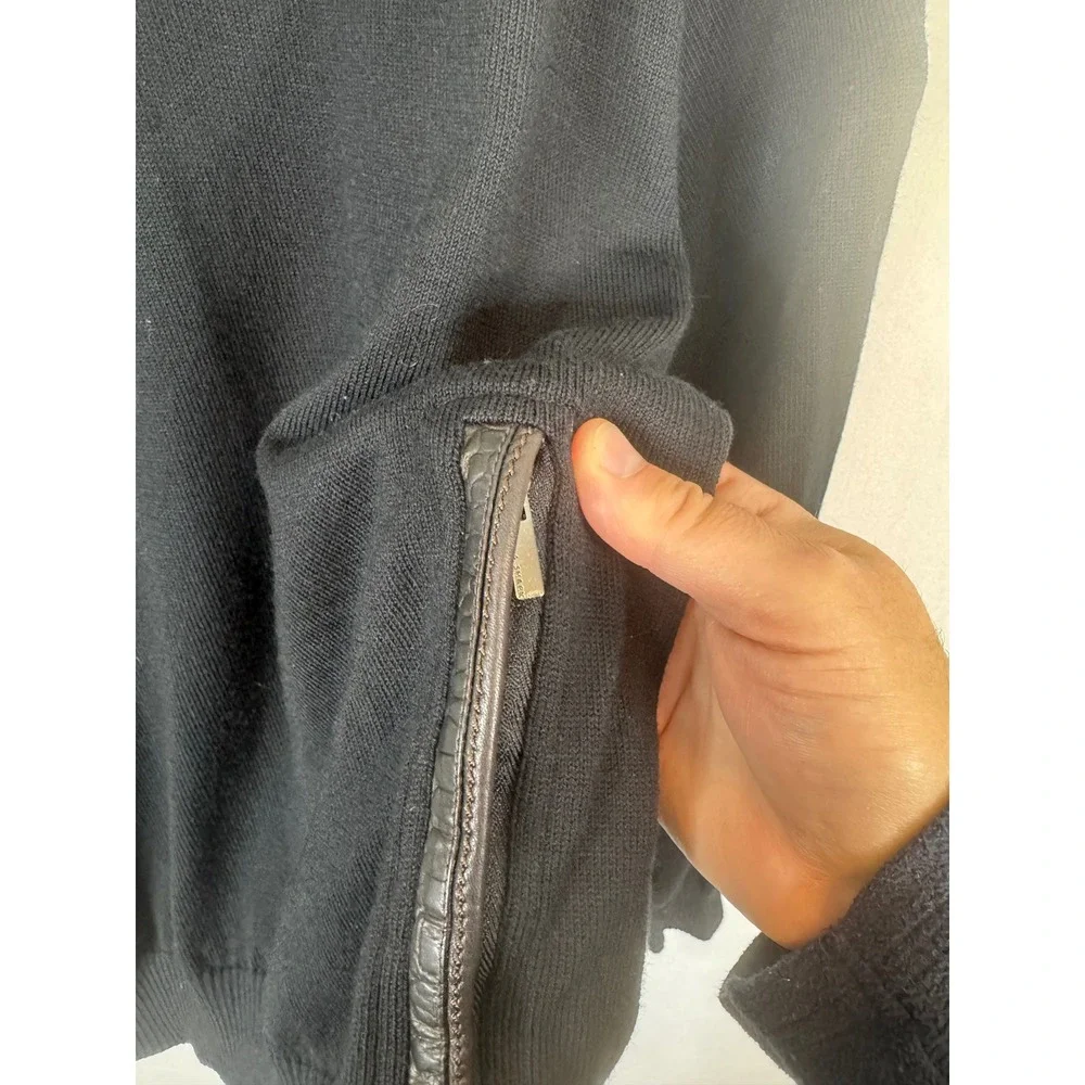 Paul & Shark Yachting Mens Black Wool Quarter Zip Sweater Leather Trim Large